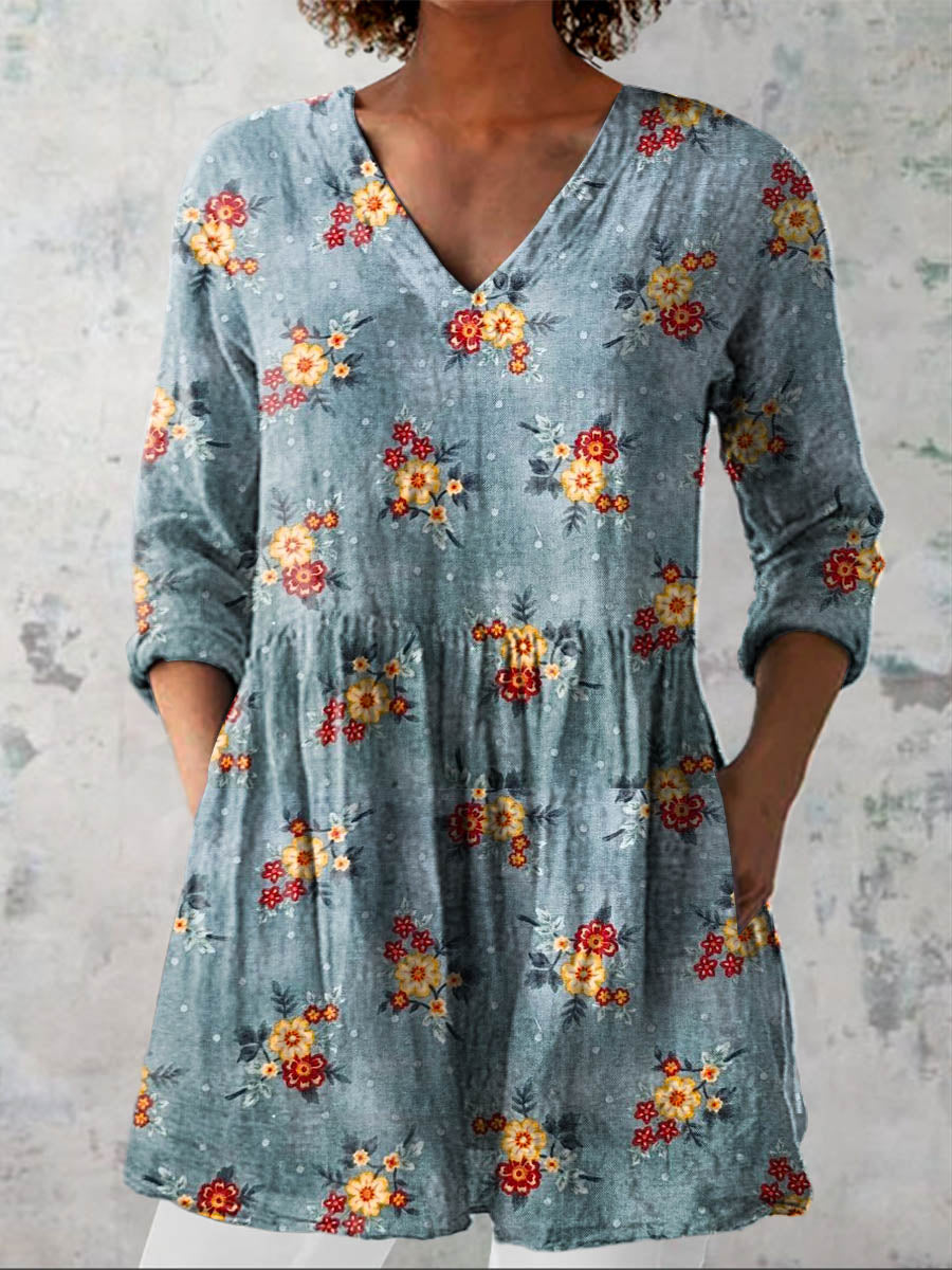 Women's Vintage Lovely Floral Art Print Casual Linen V-neck Shirt