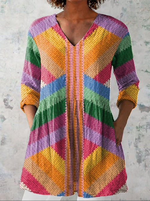 Summer Woven Pattern Printed Women's Casual Linen V-Neck Shirt