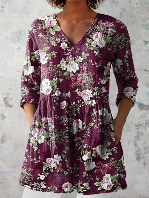 Women's Vintage Lovely Floral Art Print Casual Linen V-neck Shirt