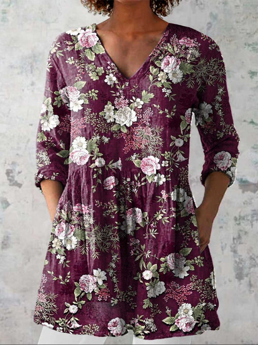 Women's Vintage Lovely Floral Art Print Casual Linen V-neck Shirt
