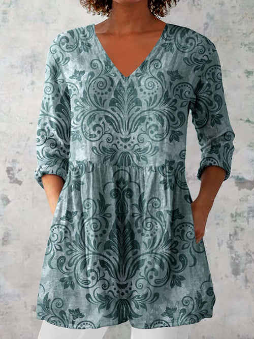 Women's Elegant Floral Print Doll Neck Cotton and Linen Top