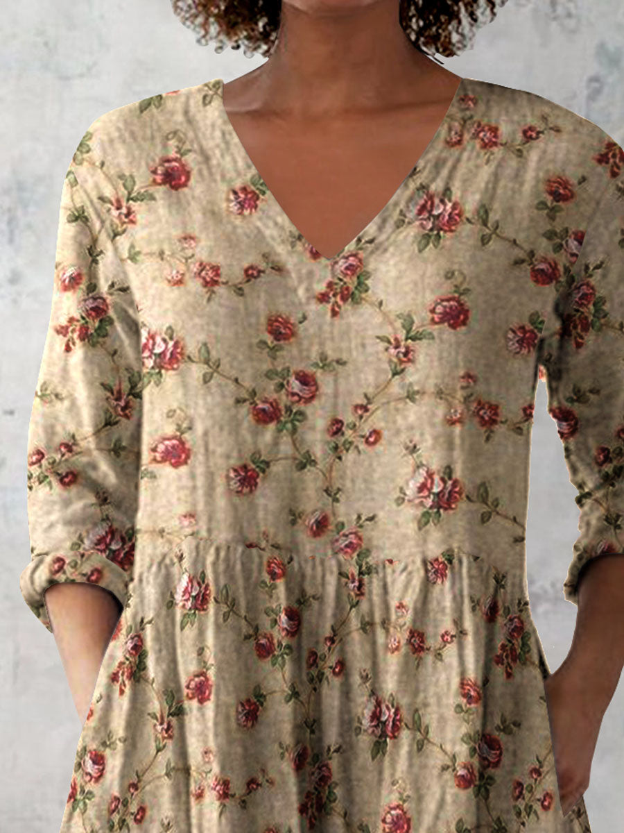 Women's Retro Floral Art Print Casual Cotton And Linen V-neck Top