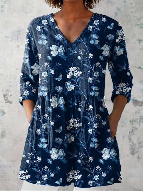 Night Swallow And Spring Floral Pattern Printed Women's Casual Linen V-Neck Shirt