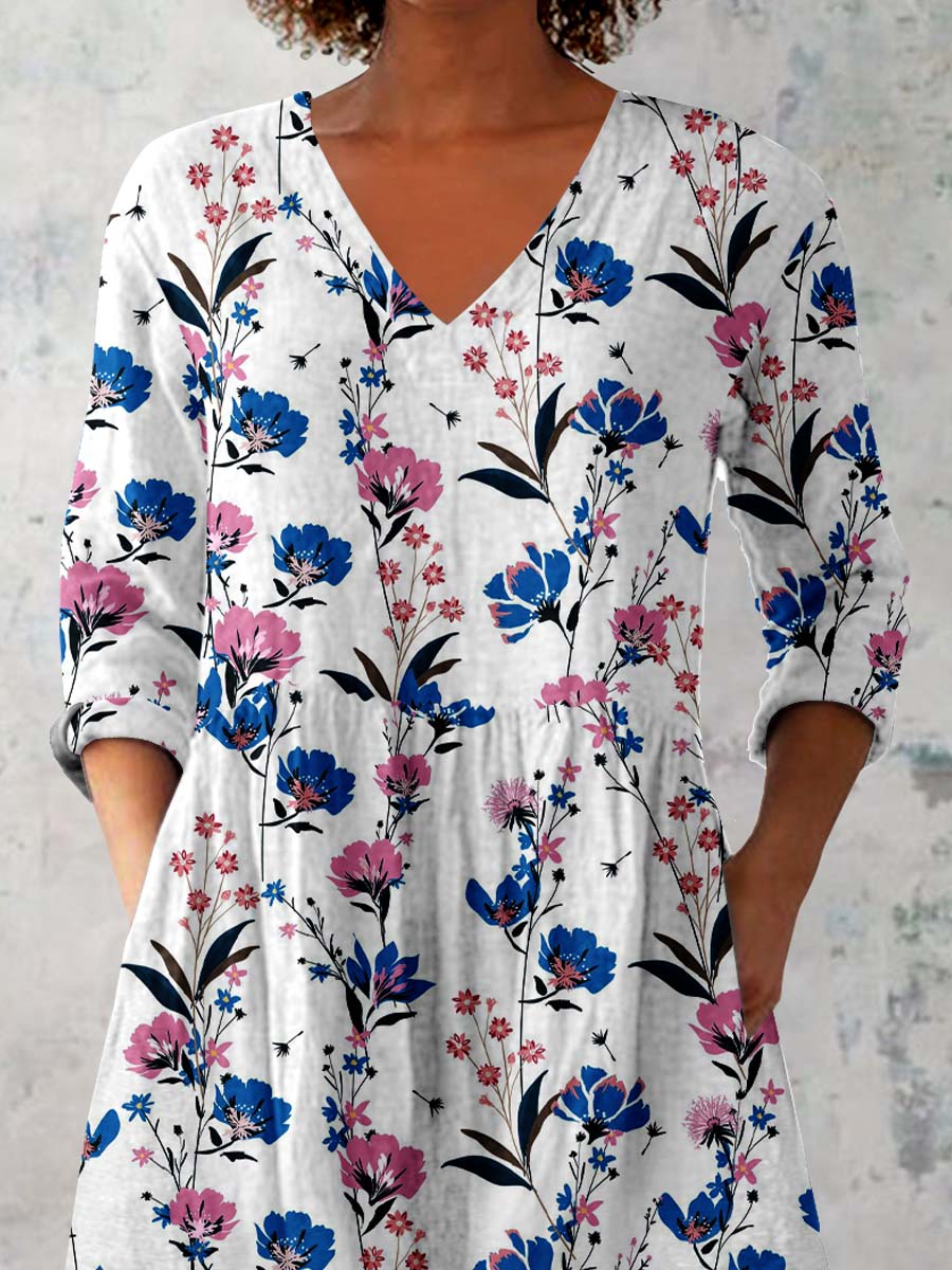Women's Elegant Floral Pattern Cotton and Linen Top
