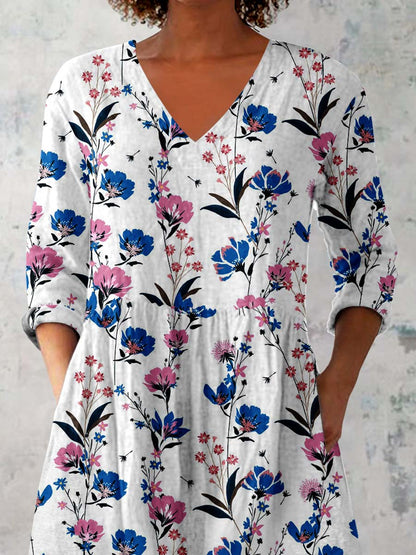 Women's Elegant Floral Pattern Cotton and Linen Top
