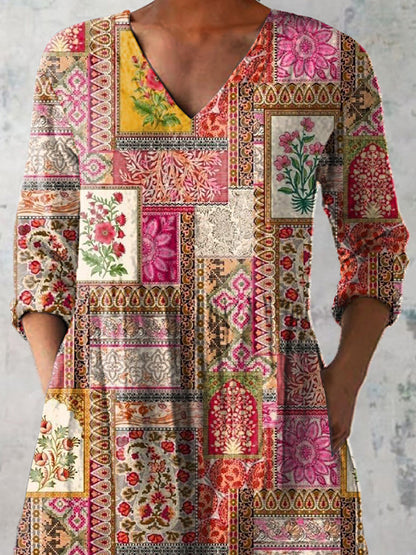 Summer Ethnic Patchwork Pattern Printed Women's Casual Linen V-Neck Shirt