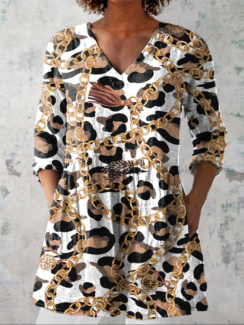 Stylish Gold Chain And Leopard Print Pattern Printed Women's Casual Linen V-Neck Shirt