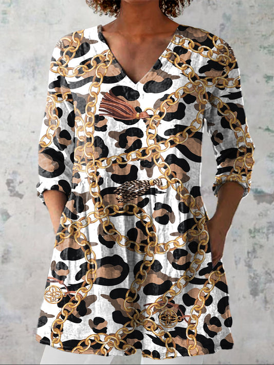 Stylish Gold Chain And Leopard Print Pattern Printed Women's Casual Linen V-Neck Shirt