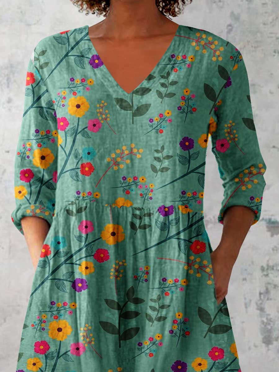 Women's Elegant Floral Pattern Cotton and Linen Top
