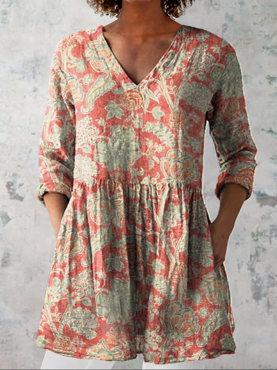 Women's Vintage Lovely Floral Art Print Casual Linen V-neck Shirt