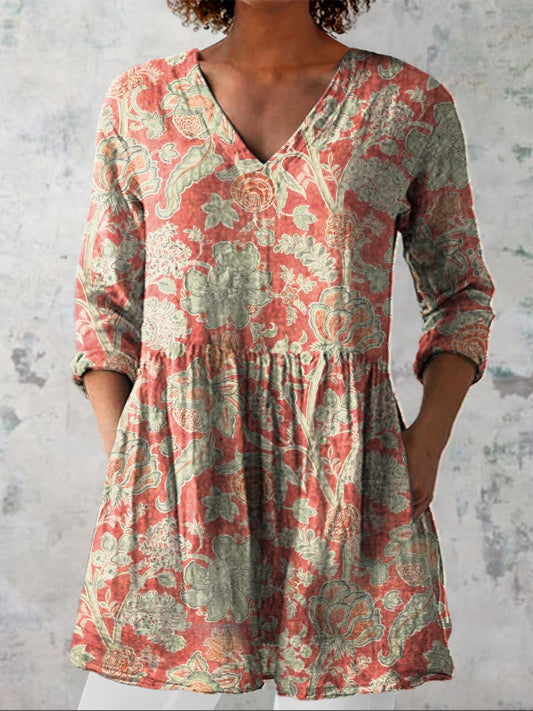 Women's Vintage Lovely Floral Art Print Casual Linen V-neck Shirt