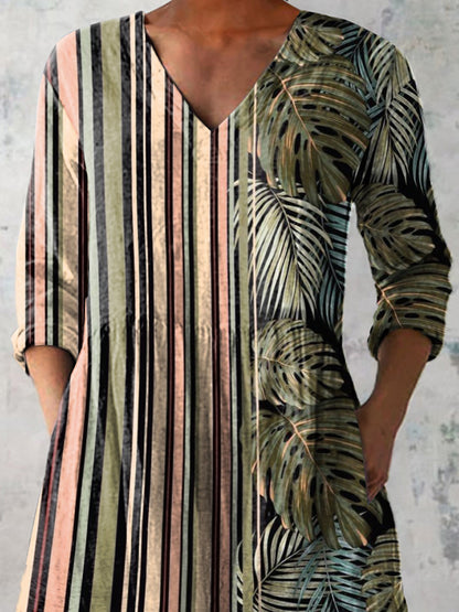 Strip And Palm Tree Leaf Pattern Printed Women's Casual Linen V-Neck Shirt