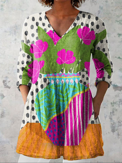 Women's Colorful Polka Dot Flower Art Print Casual Linen V-neck Shirt