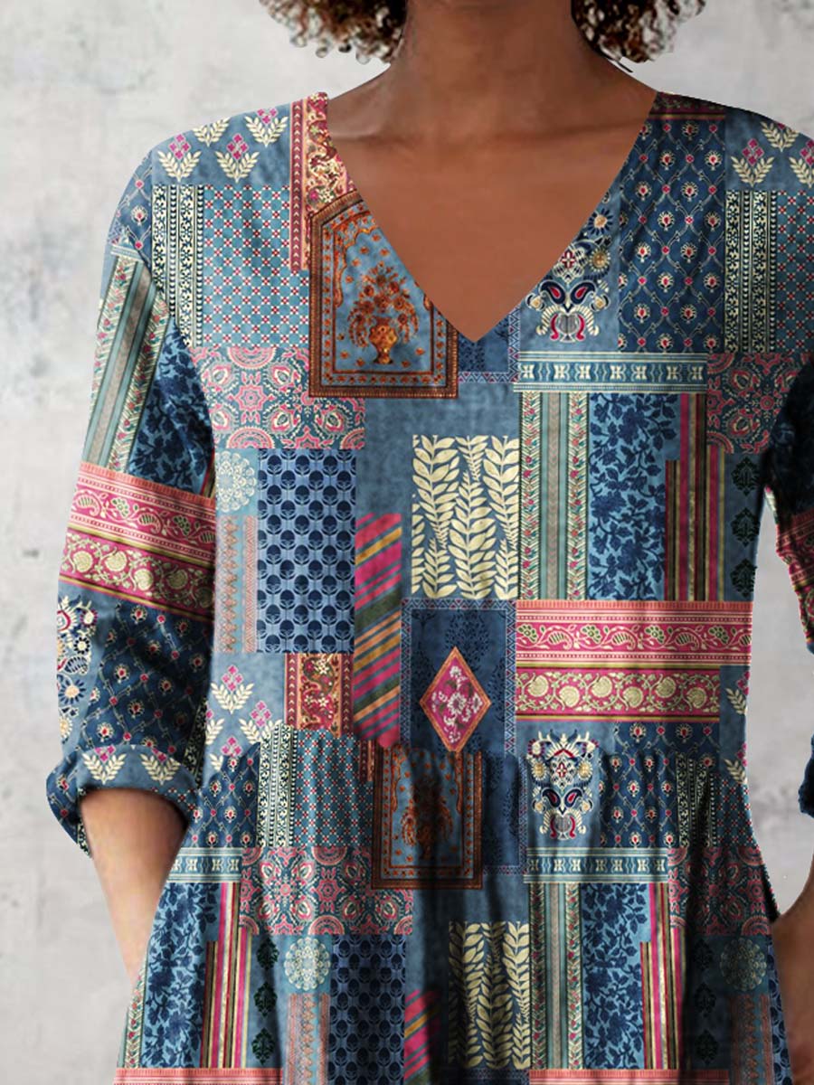 Women's Retro Floral Art Print Casual Cotton And Linen V-neck Top