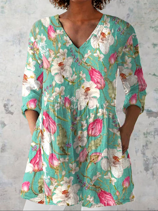 Women's  Vintage Flowers Art Print Casual Linen V-neck Shirt