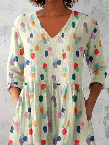 Women's Elegant Polka Dot Round Neck Cotton and Linen Top