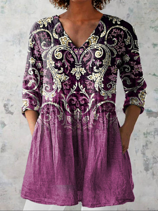 Women's Vintage Floral Art Print Casual Cotton Linen V-neck Shirt