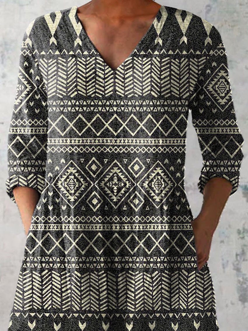 Tribal Style Ethnic Pattern Printed Women's Casual Linen V-Neck Shirt