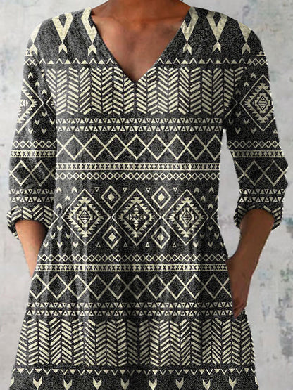 Tribal Style Ethnic Pattern Printed Women's Casual Linen V-Neck Shirt