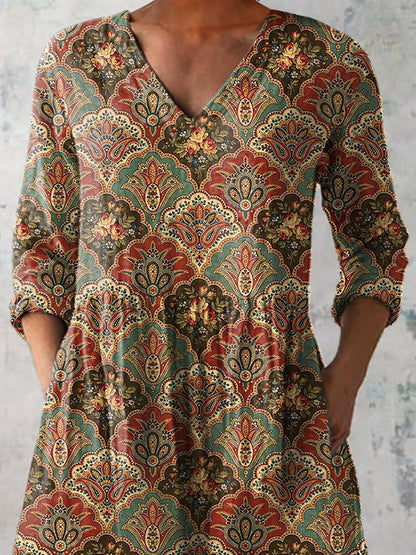 Vintage Oriental Ethnic Pattern Printed Women's Casual Linen V-Neck Shirt