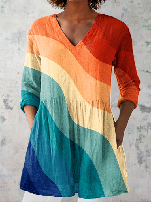 Women's Vintage Bright Colorful Geometric Pattern Art Print Casual Linen V-neck Shirt