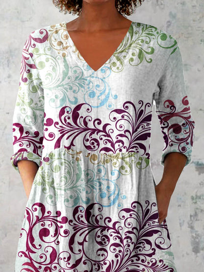 Women's Elegant Decorative Floral Pattern Cotton and Linen Top