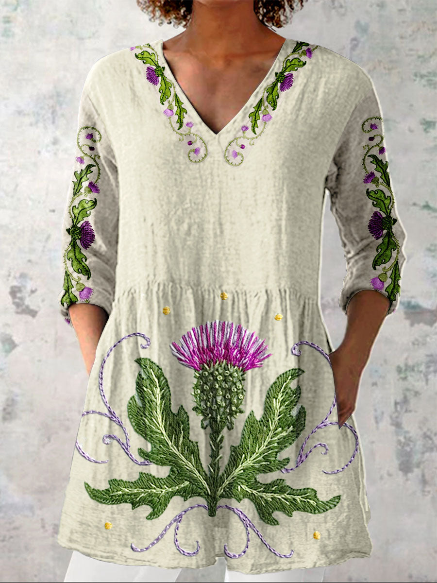 Women's Vintage Floral Art Print Casual Linen V-neck Shirt
