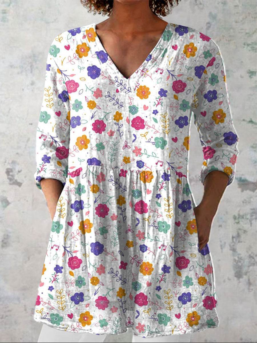 Women's Country Style  Flowers Art  Print Casual Linen V-neck Shirt