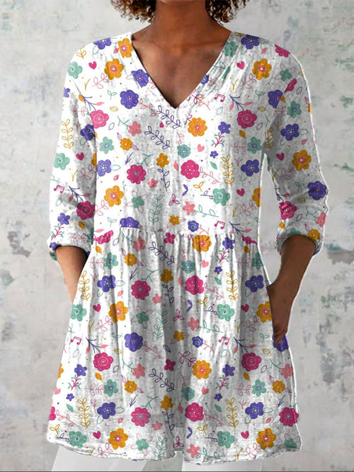 Women's Country Style  Flowers Art  Print Casual Linen V-neck Shirt