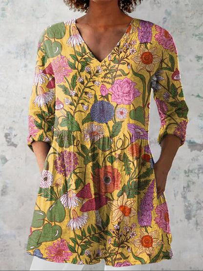 Vintage Summer Floral Pattern Printed Women's Casual Linen V-Neck Shirt