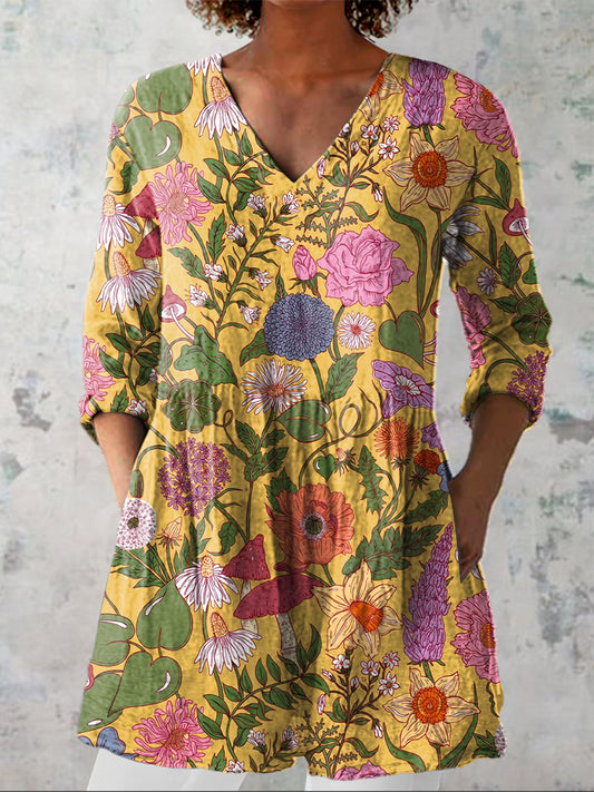 Vintage Summer Floral Pattern Printed Women's Casual Linen V-Neck Shirt