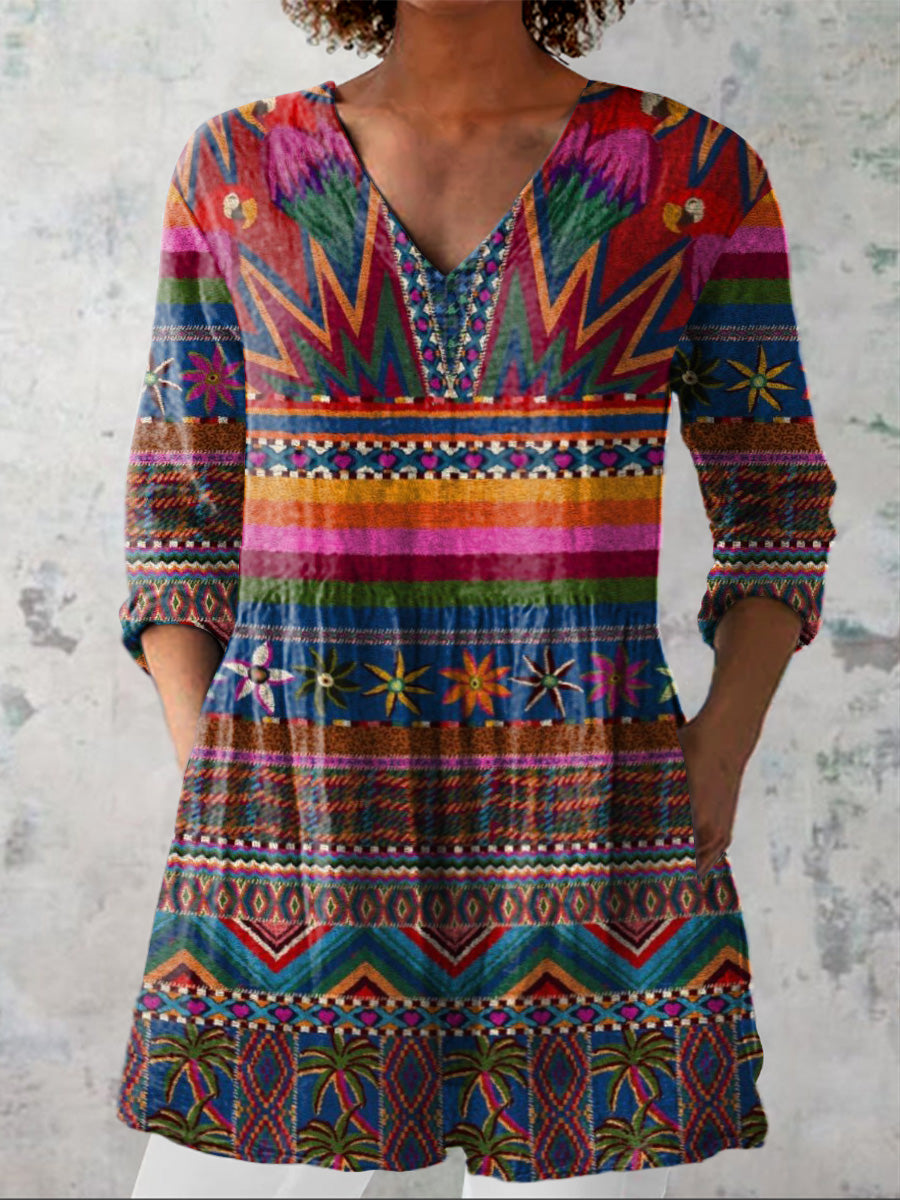 Amazonian Forest Pattern Printed Women's Casual Linen V-Neck Shirt