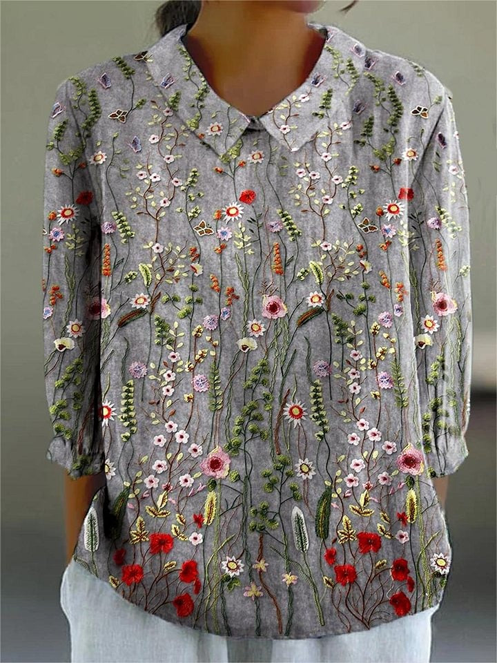 Women's Vintage Floral Art Print Casual Cotton Linen V-neck Shirt
