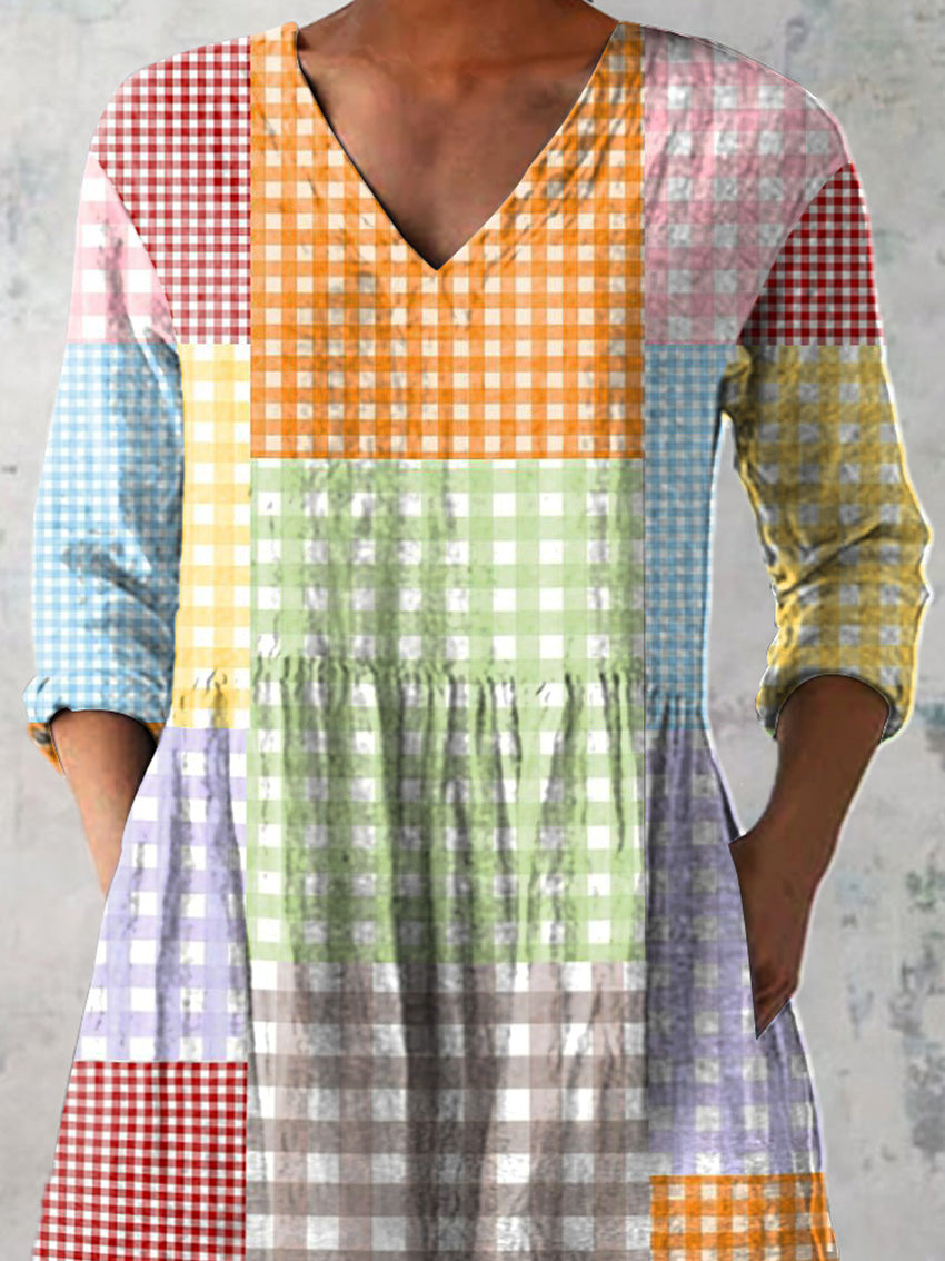 Colorful Plaid Pattern Printed Women's Casual Linen V-Neck Shirt