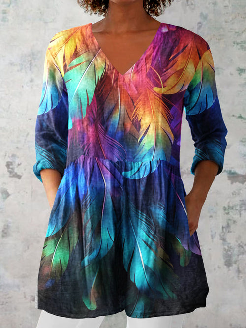 Women's Colorful Feather Pattern Cotton and linenTop