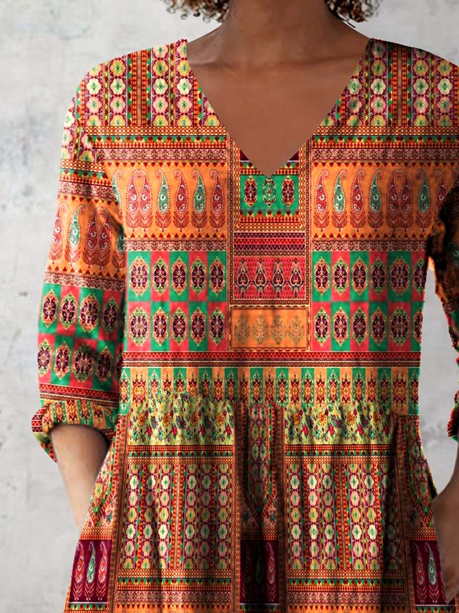 Women's Retro Floral Art Print Casual Cotton And Linen V-neck Top