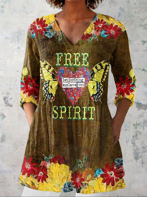 Women's Vintage Love and Peace Butterfly Flowers Art Print Casual Linen V-neck Shirt