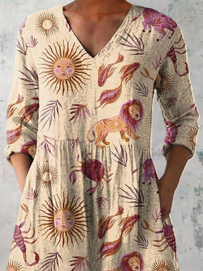 Mythical Horoscope Pattern Printed Women's Casual Linen V-Neck Shirt