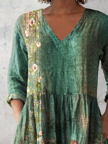 Women's Retro Floral Art Print Casual Cotton And Linen V-neck Top