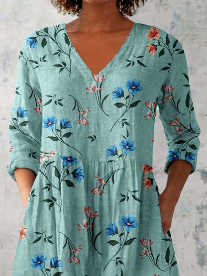 Women's Elegant Floral Pattern Cotton and Linen Top