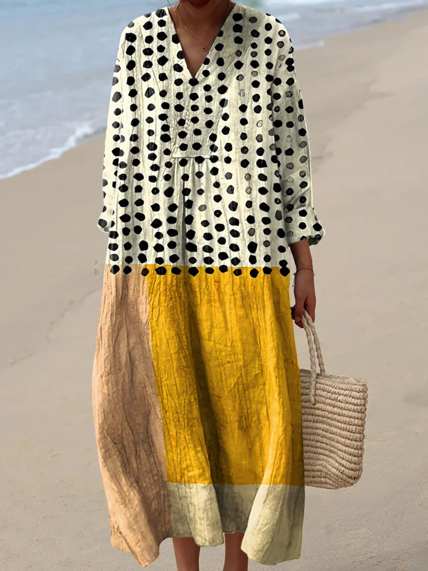 Women's Abstract Geometric Dot Pattern Art Print Casual Cotton Linen V-neck Shirt