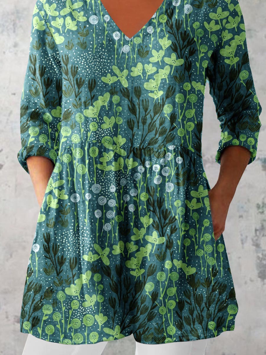 Women's Elegant Art Floral Print V-Neck Cotton and Linen Top