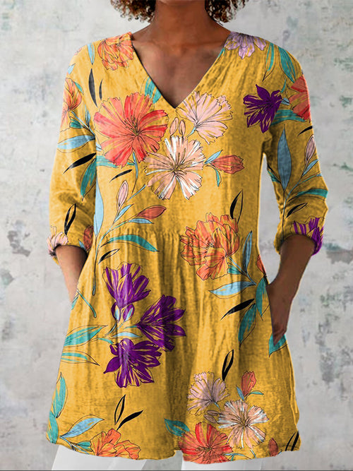 Hand Drawing Summer Floral Pattern Printed Women's Casual Linen V-Neck Shirt