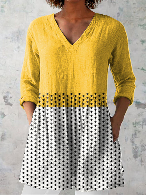 Geometric Color Block And Polka Dot Pattern Printed Women's Casual Linen V-Neck Shirt
