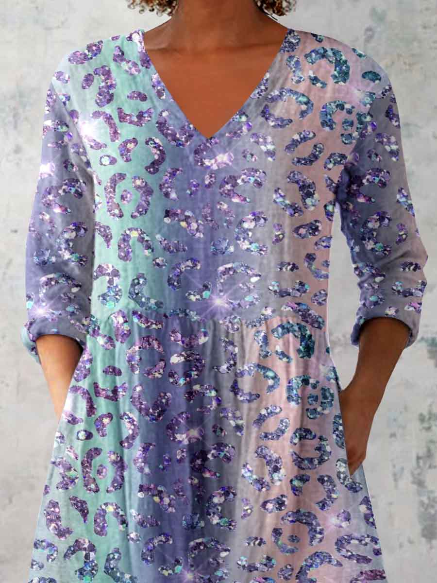 Women's Gradient Leopard Print Cotton and Linen Top