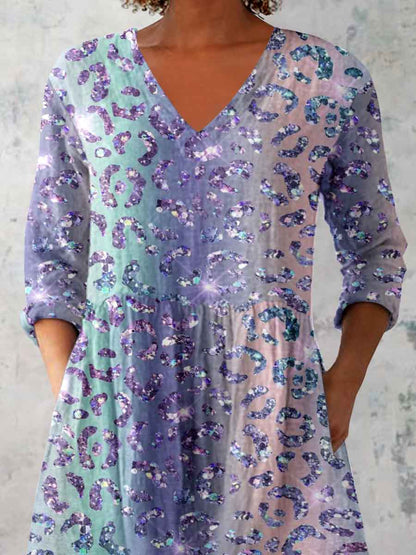 Women's Gradient Leopard Print Cotton and Linen Top