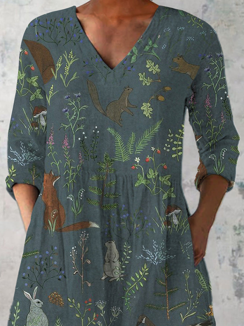 Tranquil Woodland Pattern Printed Women's Casual Linen V-Neck Shirt