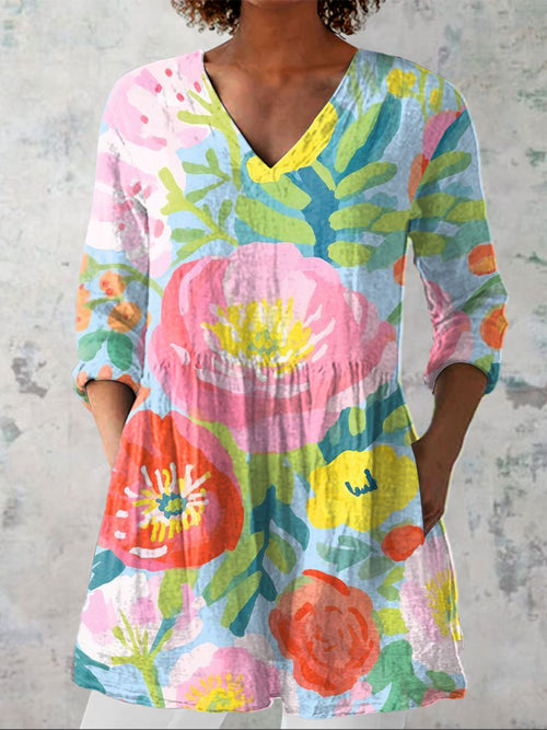 Women's  Floral Art Print Casual Linen V-neck Shirt