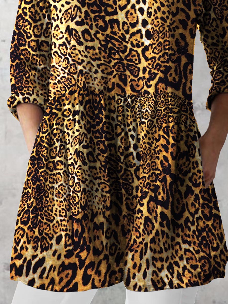 Women's Retro Leopard Print Casual Cotton And Linen V-neck Top