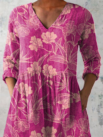 Summer Azalea Floral Pattern Printed Women's Casual Linen V-Neck Shirt